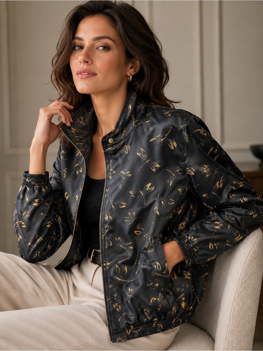 Mureli Women Silk Bomber Jacket Black Gold Dragonfly Print Zip Up Size XL